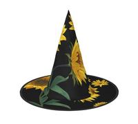 Ouyniei Sunflower Black Background printed Halloween hat halloween witch hat foldable pointed hat