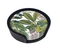 Ouyniei Tropical Flower Leaf Parrot Printed Coaster Round Leather Coaster Drink Coaster Set