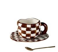ouynngjing Retro Girl's Heart Pinched Bug Coffee Cup Plate Afternoon Tea Ceramic Cup Hand-Painted Striped Water Cup (Hand-kneaded Lattice Cups and Saucers Brown 300ml)