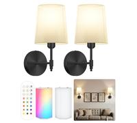 Ouyulong Battery Rechargeable Wall Lights Set of 2, Remote, 15000mAh, Black | Wireless 3 Color Temperature LED Dimmable, Fabric Shade, 34 CM, Modern Indoor Decor for Bedroom, Dinning Room, Living Room