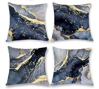 OUZ Grey Marble Texture Navy Blue and Gold Soft Velvet Throw Pillow Covers, Abstract Art Modern Decorative Pillowcase, Living Room Sofa Bedroom Decor Cushion Covers,18 x 18 Inch, Set of 4(8C501)