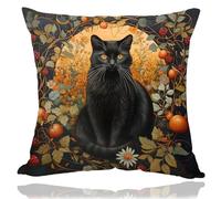 OUZ William Morris Inspired Abstract Vintage Floral&Black Cat Design Throw Pillow Covers Home Decor, Art Deco Pillowcase Cushion Cover for Bed Sofa Living Room (Orange-Black cat, 18x18inch)