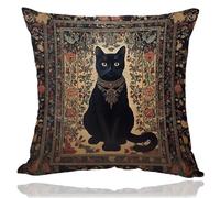 OUZ William Morris Inspired Abstract Vintage Floral Black Cat Design Throw Pillow Covers Home Decor, Art Deco Pillowcase Cushion Cover for Bed Sofa Living Room (Brown-Black cat, 18x18inch)