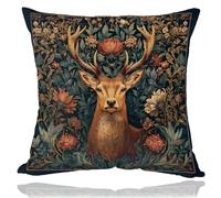 OUZ William Morris Inspired Abstract Vintage Floral & Deer Design Throw Pillow Covers Home Decor, Art Deco Pillowcase Cushion Cover for Bed Sofa Living Room (Brown-Deer, 18x18inch)