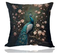 OUZ William Morris Inspired Abstract Vintage Floral & Peacock Design Throw Pillow Covers Home Decor, Art Deco Pillowcase Cushion Cover for Bed Sofa Living Room (Pink Flower -Peacock, 18x18inch)