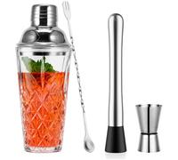 OUZHOU Cocktail Shaker, Set of 4 Cocktail Shaker Glass with Leak-proof Stainless Steel Lid, Boston Shaker Cocktail Shaker Set with Wine Measuring Cup, Stirrers, Ice Masher for Home and Bar