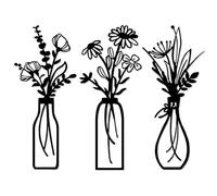 OUZHOU Flower Metal Wall Art, 3Pcs Black Metal Wall Art Decoration, Flower in Vase Wire Floral Line Hanging Wall Sculpture, Easy To Install Black Wall Decor Art for Living Room, Bathroom, Bedroom