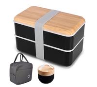 OUZHOU Lunch Box 2 Tier with Soup Bowl, Insulated Bag and Cutlery, 1400ML Bento Box with Adjustable Compartments for Adults and Kids, Stackable Lunch Containers Leak-Proof Lunchbox Microwaveable Safe