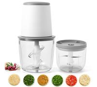 OUZHOU Mini Chopper Food Processor with 2 Bowls 2 Sets Blades, Food Processors Electric Meat Grinder Vegetable Chopper Glass Container, USB Rechargeable Mini Blender for Meat, Smoothie, Onions, Fruit