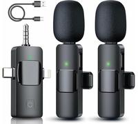OUZIO 3 in 1 Wireless Lavalier Microphone for iPhone, Android, Camera, 12Hour Battery, Noise Reduction Recording Mic 2.4G Ultra-Low Delay, Mini Microphone for Vlog/TikTok/YouTube Live Stream(2 Mic)