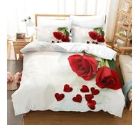 OUZUIU Red Roses Duvet Cover Set Queen Size King Full 3D Bedding Sets Flower Pillowcase Quilt Linens Single Double Bed 135x200cm(53x79in) DuvetCoverSet