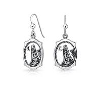 Oval Animal Totem Amulet Wicca Jewelry Crescent Moon And Stars Werewolf Celestial Howling Wolf Dangling Earrings For Women Teens Oxidized .925 Sterling Silver Fish Hook
