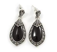 Oval Anthracite Crystal with Ceramic Stone Drop Earrings/Aged Silver/Vintage Inspired/ 40mm L