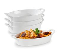 Oval Au Gratin Baking Dishes for Oven Safe and Microwave Cooking and Baking, 4 Pc. Dish Set, Heat Resistant Ceramic with Handles for Serving, Small Mini Casserole Dish, 8” x 5”, 16 oz, White