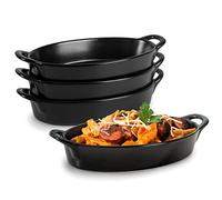 Oval Au Gratin Baking Dishes for Oven Safe and Microwave Cooking and Baking, 4 Pc. Dish Set, Heat Resistant Ceramic with Handles for Serving, Small Mini Casserole Dish, 8” x 5”, 16 oz, Matte Black