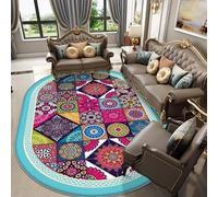 Oval Bedside Rug Geometric floral design, red, teal, 200 x 250 cm