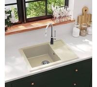 Oval Beige Granite Sink with Overflow, Single Basin, 580 x 440 x 164 mm, Draining Board, Countertop Mounting, Heat-Resistant, Includes Strainer Basket, for Kitchen and Utility Room