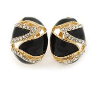 Oval Black Enamel, Clear Crystal Clip On Earrings In Gold Plating - 20mm L