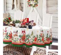 Oval Christmas Tablecloth, 60 x 84In, Poinsettia Snowflake Holiday Decoration, Polyester Waterproof Wrinkle-Resistant Durable for Kitchen & Home Decor