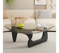 Oval Clear Glass Coffee Table Natural Wood Base, Triangle Coffee Table, Tempered Glass Cocktail Tea Center Table,Solid Wood Base and Tempered Clear Glass Top, Light Walnut Wo,Black Legs+b,91x65x40cm