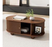 Oval Coffee Table with 2 Sliding Doors, Centre Compartment, Rounded Corners, Desk with Fingerprint-resistant MDF, 100L x 50W x 40H cm, Oak Aosom UK