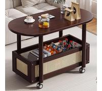Oval Coffee Table with Storage 2-Tier Living Room Table on Rolling Wheels Ideal for Cups Books Snacks and Magazines - Stylish Landhaus Design