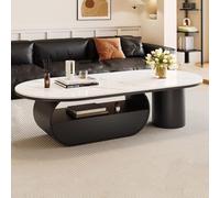Oval Coffee Tables for Small Spaces,2 Tier Table with Drawer And Storage,Oval Center Rock Slates Desktop,Large Living Room Home Apartment,Black,130 * 70cm