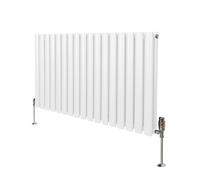 Oval Column Radiator 600mm x 1020mm & TRV Chrome Valves Modern Designer Double Panel Central Heating Heater White Steel Horizontal Kitchen Living Room FREE Cleaning Brush Fixing Kit & Brackets White