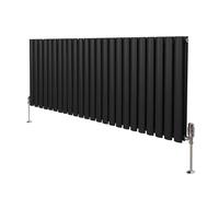 Oval Column Radiator 600mm x 1440mm & TRV Chrome Valves Modern Designer Double Panel Central Heating Heater Black Steel Horizontal Kitchen Living Room FREE Cleaning Brush Fixing Kit & Brackets Black