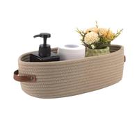 Oval Cotton Rope Storage Basket with Leather Handles, Decorative Woven Organiser Bin for Bathroom Shelf and Makeup, Small Sundries Tray for Living Room, 33x15x10cm (Khaki)