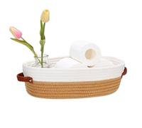 Oval Cotton Rope Storage Basket with Leather Handles, Decorative Woven Organiser Bin for Bathroom Shelf and Makeup, Small Sundries Tray for Living Room, 33x15x10cm (White and khaki)
