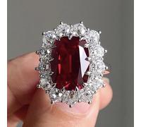 Oval Cut Red Ruby Engagement Ring for Women, White Gold Plated Sterling Silver Halo Ring with Simulated Diamond Accents, Vintage Statement Promise Ring, Bridal Jewelry Gift V 1/2