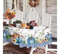 Oval Fall Tablecloth,Thanksgiving Autumn Harvest Blue Pumpkin Sunflower Maple Leaf Table cloth,Polyester Waterproof Wrinkle Resistant Durable Tablecloth for Fall,Thanksgiving,Home Decor 60x84inch