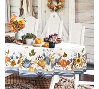 Oval Fall Tablecloth,Thanksgiving Autumn Harvest Blue Pumpkin Sunflower Maple Leaf Table cloth,Polyester Waterproof Wrinkle Resistant Durable Tablecloth for Fall,Thanksgiving,Home Decor 60x84inch