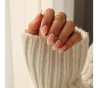 Oval False Nails with White Polka Dots on Soft Pink-to-White Gradient - Short Almond Shaped Press On Nails Kit for Women, Dot Design with Glue and File, Natural Shiny Glossy Art