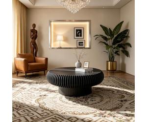 Oval Fluted Coffee Table, 43.31 Inch Drum Design, Modern Black Home Decor, Stylish Living Room Table, Mid-Century Furniture, Minimalist Center Table for Any Space