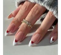 Oval French Tip False Nails - 24PCS Medium Almond Press On Nails - White Edge Red Heart Design Fake Nails with Glue - Glossy Full Cover Stick On Nails for Women DIY Nail Art Valentine's Day