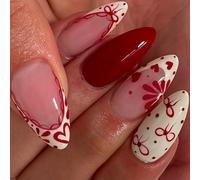 Oval French Tip False Nails - 24PCS Medium Almond Press On Nails with Glue - White Edge Fake Nails with Wine Red Heart Bow Lace Design - Glossy Stick On Nails for Women DIY Nail Art Valentine's Day
