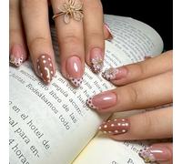 Oval French Tip Press on Nails - 24PCS Almond Medium False Nails - Pink Brown Polka Dot Flower Fake Nails with Glue - Short Reusable Stick on Manicure for Women Nail Art Date Party Wedding Daily Wear