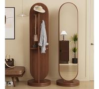 Oval Full Body Mirror Rotating Full Length Mirror with Coat Rack Solid Wood Floor Standing Dressing Mirror for Bedroom Living Room