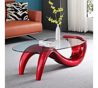 Oval Glass Coffee Table,Contemporary Coffee Table For Living Room,Abstract Coffee Table Clear Glass Top,Mid-Century Modern Coffee Table Accent Coffee Table End Table(Size:90*55*40cm,Color:Wine Red)