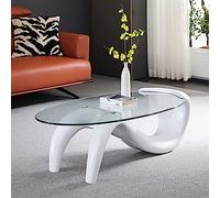 Oval Glass Coffee Table,Mid-Century Modern Coffee Table for Living Room,Abstract Coffee Table Clear Glass Top,Contemporary Home Office Accent Coffee Table Center Table(35.5"x21.7"x16", White)