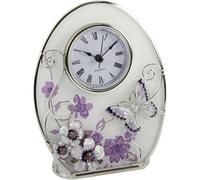 Oval glass mantel clock purple flowers, crystals and a butterfly