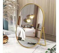 Oval Gold Table Mirror with Metal Frame - Portable Single-Sided Swivel Tabletop High-Definition Countertop Display with Stand for Vanity Dresser Living Room Bedroom Office