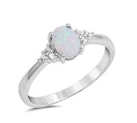Oval Lab Created White Opal & Round Cubic Zirconia .925 Sterling Silver Ring Sizes 4-11, 7 mm, Sterling Silver, Created Opal