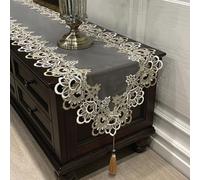 Oval Lace Table - Embroidered Floral Design Polyester Tablecloth with Anti-Slip Backing for Dining Tables, TV Cabinets, Dressers and Decorative Use(40 * 140cm A)