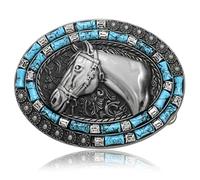 Oval Long Horn Bull Skull Belt Buckle Native American Vintage Turquoise Wooden Beads Western Cowboy Buckles for Men Gift, Silver Horse Head, Large