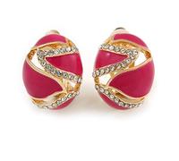 Oval Magenta Pink Enamel Clear Crystal Clip On Earrings In Gold Tone/20mm L