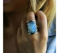 Oval Moonstone Statement Ring for Women - Silver Plated Iridescent Crystal Solitaire Ring, Oval Iridescent Crystal Statement Ring Boho Wide Band Gemstone Jewelry, Unique Gift for Her L 1/2