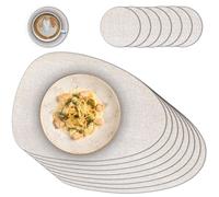 Oval Place Mat with Glass Coasters in Set of 8 - Place Mats for Dining Table & Kitchen Beige Mottled - Heat Resistant PVC Coasters Washable